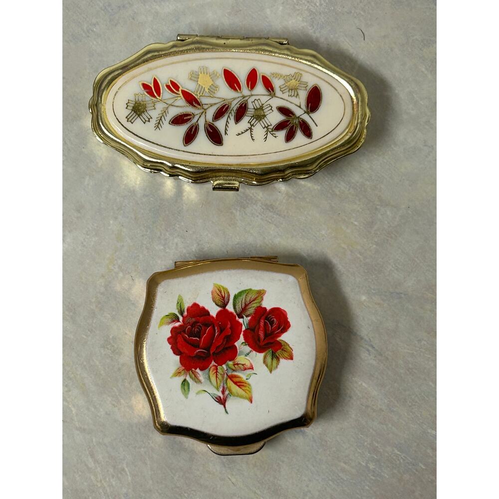 Vintage Floral Enamel Oval Sewing Kit and Floral Enamel Pillbox Set of 2